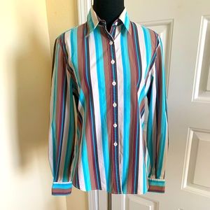 Falconnable Brown And Teal Striped Stretch Cotton Button Down Size S